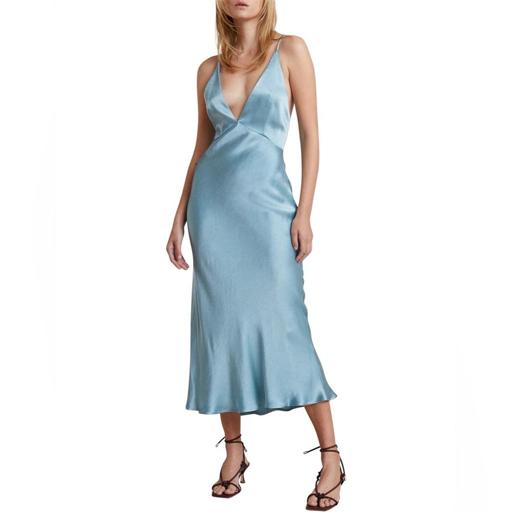 Bec + Bridge light blue green Marley plunge midi satin slip dress – size 2 (XS)